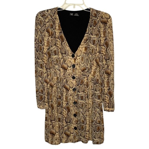 ZARA TRAFALUC Brown Snakeskin Print Button-Up Front Long Sleeve Mini Dress XS - Picture 2 of 9